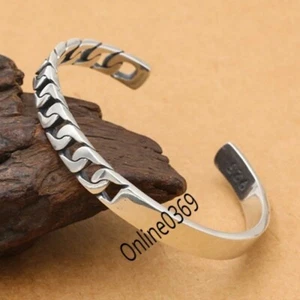Mens Solid Metal 925 Silver 3D Half Cuban Cuff Bangle Bracelet White Gold Plated - Picture 1 of 6