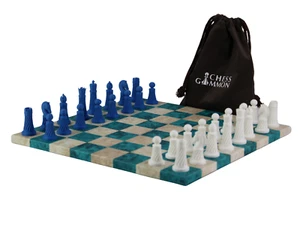 Blue Leatherette Personalised 3D Acrylic Staunton Chess Pieces with Drawstring B - Picture 1 of 6