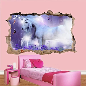 LITTLE FAIRIES AND UNICORN WALL STICKERS 3D ART MURAL ROOM OFFICE HOME DECOR UW2 - Picture 1 of 3