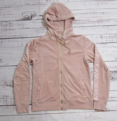 Calvin Klein Pink Full Zip Velour Hoodie Sweatshirt Faux Leather Trim Womens Sm - Image 1 of 4
