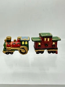 Vintage Hand Painted Porcelain Christmas Train 2 Pieces Engine Caboose Decor - Picture 1 of 16