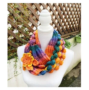 Crochet fancy pastel rainbow pompoms necklace shawl-neck wrap-woman-gift for her - Picture 1 of 4