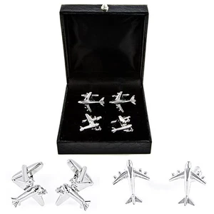 Plane Jet Airliner Commercial Pilot Airplane 2 Pairs of Cufflinks Fancy Gift Box - Picture 1 of 6