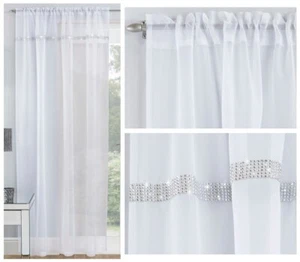 IBIZA WHITE VOILE WINDOW PANEL SHEER NET SPARKLE DIAMANTE BAND TRIM PLAIN SLOT - Picture 1 of 4
