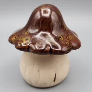Fairy Garden Mushroom Toadstool Brown Yellow Speckled Drip Glaze Ceramic 70sLook - Picture 1 of 9