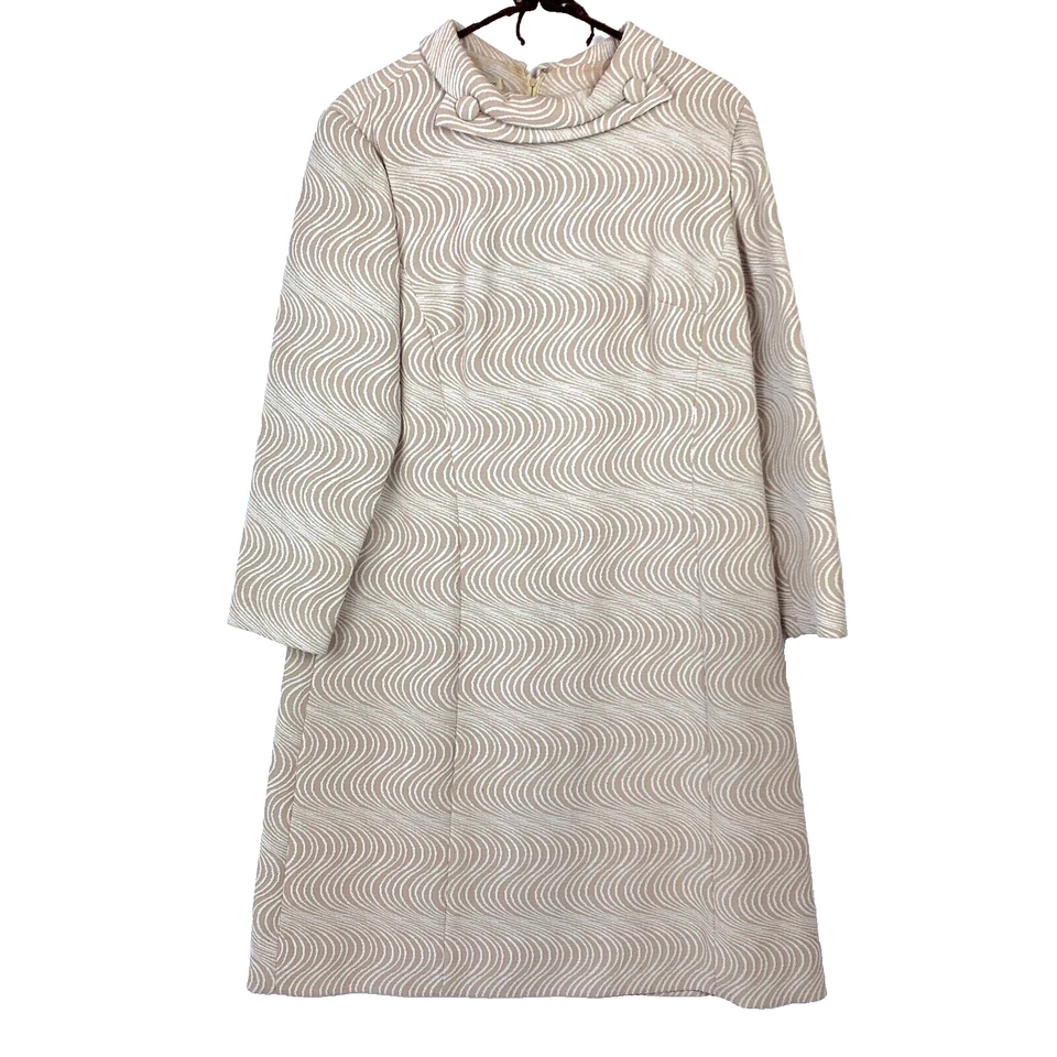 Vintage 1960s Henry Lee Wavy Psychedelic Tan  Neutral Dress Bust 40" Twee - Image 1 of 4