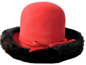 Vintage Mr John Jr Womens Red Wool Mink Fur Cloche Hat Hollywood Glamour 1960s - Picture 1 of 8