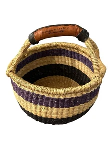 African Bolga Ghana MARKET BASKET Hand Woven Leather Wrap Handle 8" Wide - Picture 1 of 9