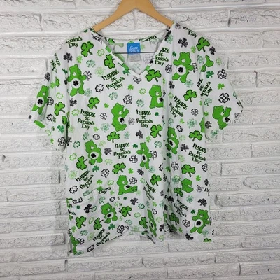 St Patricks Day Care Bears Unisex Scrub Top 2X Plus Green Poly Blend Medical - Image 1 of 4