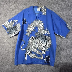 Camicia vintage Dragon Tiger uomo grande blu hawaiana Y2K stampa all over - Foto 1 di 12