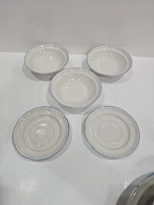 Vtg Japan Country Basket Collection 6.75" Soup Bowl White Blue Trim 3 Saucers  - Picture 1 of 5