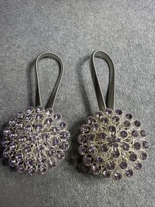 Crystal  Flower Curtain Tiebacks Purple Magnatic  Set Of 2 - Picture 1 of 5