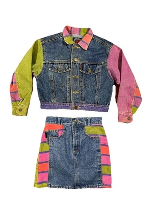 Vintage 90’s IIT Kids Girls Denim 2 Piece Skirt Jacket Set Colorblock  - Image 1 of 4