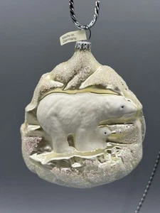Vintage Handcrafted German Glass Polar Bear And Cub Christmas Ornament ~ 4.5” - Picture 1 of 9