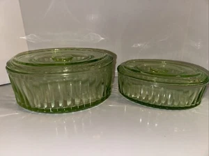 Green Depression Uranium Vaseline Glass Oval Refrigerator Dishes w/Lids Vintage - Picture 1 of 23