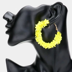 NEW Clustered Yellow Sequin Flowers Petals Seed Beaded Round Hoop Earrings  - Picture 1 of 1