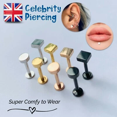 Celebrity Earrings Stud Square Round Flat Disc Back Tragus Helix Labret Piercing - Image 1 of 4