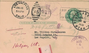 1936 Los Angeles, CA & Salt Lake City Cancels on 1¢ Postal Card w 1¢ Reply; #UY7 - Picture 1 of 3