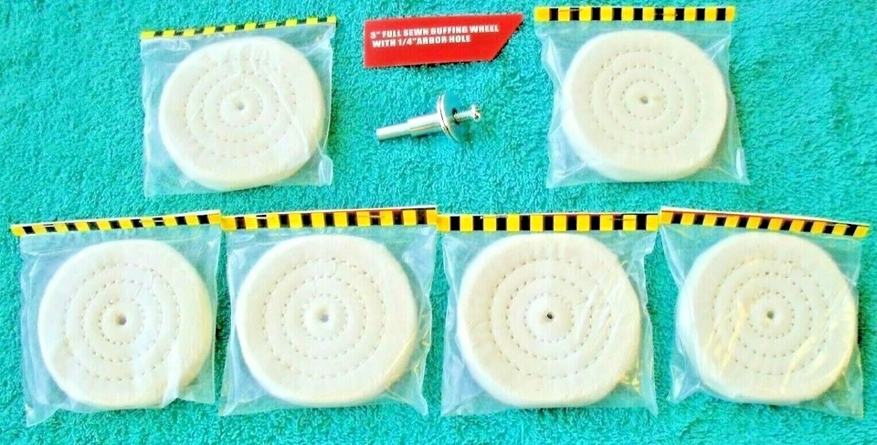 6 Pieces 3" Full Sewn Polishing Buffing Wheels with 1/4" Arbor +1 Metal Mandrel  - Image 1 of 4