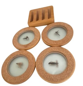 Vintage Set of 4 wooden & glass coasters fishing lures inside cork bottom Case - Picture 1 of 21