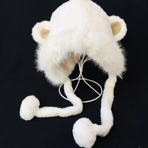 white Fuzzy Winter Hat with Ears Bear Shape White Faux Fur Adults E1-476 - Picture 1 of 9