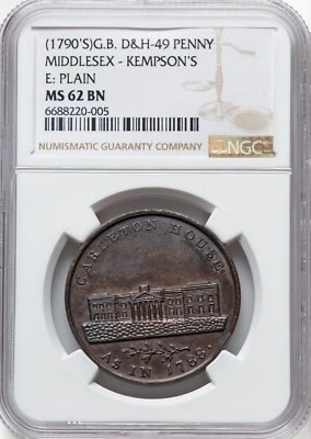 Great Britain - 1790's Middlesex Kempson's Penny Token - NGC MS62BN - NICE COLOR - Image 1 of 2