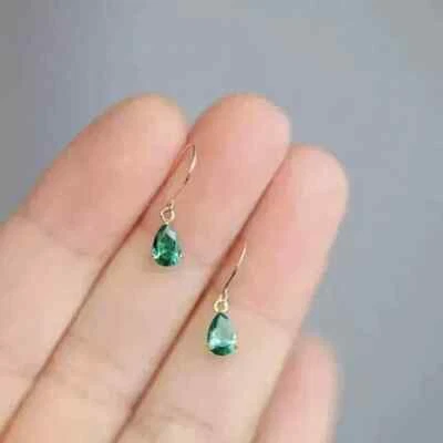 Natural Green Emerald 3.5Ct Pear Cut Drop/Dangle Earrings 14K Yellow Gold Plated - Image 1 of 4