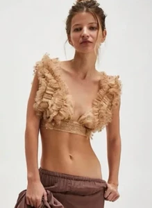 Free People Sosha Party Rave Crop Top Sparkling Gold Beige Glitzer Tüll Small - Bild 1 von 5