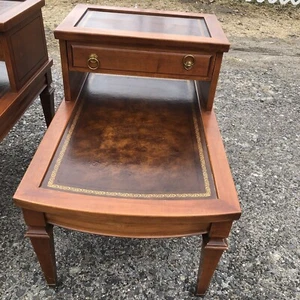 Vintage MCM Leather Top Mahogany 2 Tier Step Up  End /Side Table MERSMAN - Picture 1 of 21
