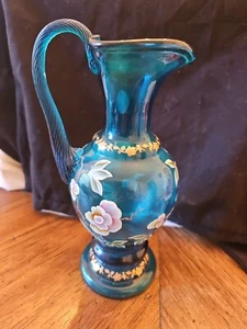 Fenton New Century XXl Art Glass Floral Blue Pitcher Vase Next Millennium Signed - Picture 1 of 6