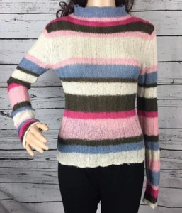 Guess Sweater Small XS Soft Mohair Wool Blend Striped Pink Blue White Knit - Picture 1 of 12