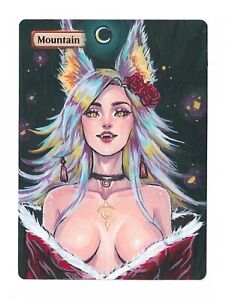 Hand Painted Altered MTG Card, Mountain , Anime Girl, by Cawblade