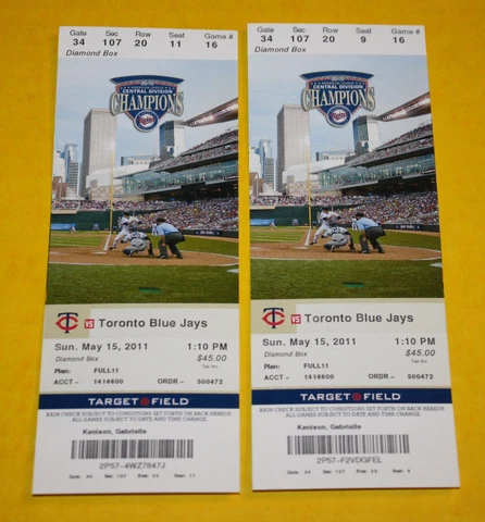 Minnesota Twins Ticket Stub | May 15 2011 | Jose Bautista 3 HR Cover