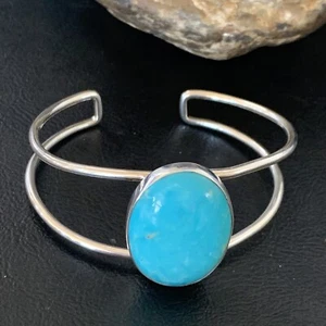 Womens Blue Kingman Turquoise Sterling Silver Cuff Wire Bracelet 6.5" 12870 - Imagen 1 de 12