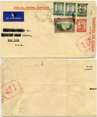 CORREO AÉREO DEL SUR DE RHODESIA SEGUNDA GUERRA MUNDIAL CENSURADO DE12 a EE. UU. 11s 3d FRANKING MINERÍA ENV. Foto 1 de 3