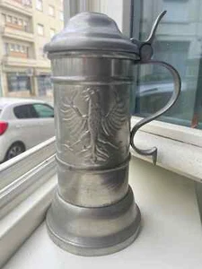 Vintage German Pewter Tankard 1970s Lid Engraved Antique Drinking Mug Bar - Picture 1 of 6