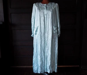 VTG Peony Seafoam Green 100% Silk Hand Embroider Lounge Lingerie Gown Robe Sz 40 - Picture 1 of 18