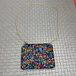 Rainbow Sequin Mini Purse Multicolor Glitter Party Bag Gold Chain Y2K Style - Picture 1 of 4