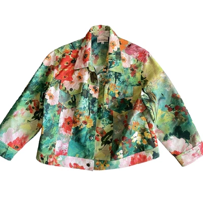 3 Sisters Womens Denim Floral Long Sleeve Buttoned Pocket Jacket, XL - Image 1 of 4