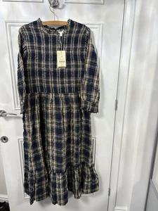 Monsoon Check shirred seersucker dress in sustainable cotton blue Large BNWT - Picture 1 of 7