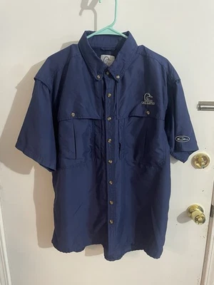 Drake Ducks Unlimited Fishing Shirt L Blue Short Sleeve Polyester PreOwned Good - Imagem 1 de 4