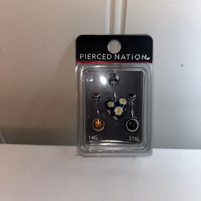 Conjunto de 3 anéis de umbigo 14G coração preto girassóis, preto e prata, âmbar - Imagem 1 de 4