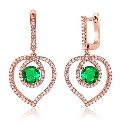 3.94 Ct Round Green Simulated Emerald 18K Rose Gold Plated Silver Earrings - Image 1 of 2