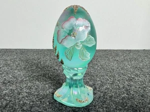 Fenton Iridescent Aqua Art Glass Egg on Pedestal Signed Hand Painted Floral - Picture 1 of 7