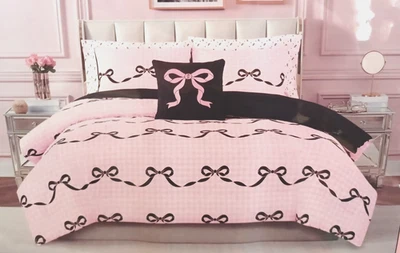 Juego de cama edredón Juicy Couture 8 piezas QUEEN coqueta rosa blanco con lazos negros Foto 1 de 4