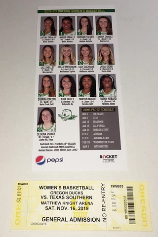 OREGON DUCKS 2019 BASKETBALL TEXAS SOUTHERN TIGERS TICKET/ROSTER SABRINA IONESCU Cover