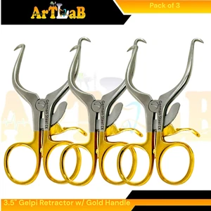 Set of 3 Spreader Gelpi Retractors 8.89cm, Sharp Tips, w/ Ratcheting Gold Handle - Picture 1 of 5