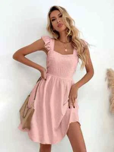 Woman Size "(2)", "(4)" Ladies Ruffle Trim Swiss Dot Shirred Back Dress - Picture 1 of 6