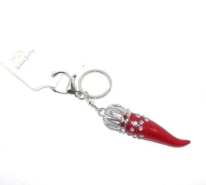 Portachiavi con anelli Ciondolo CORNO PORTAFORTUNA cornetto ROSSO Strass 7 cm - Foto 1 di 5