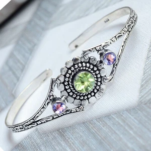 Indian Art Peridot Cut , Amethyst Cut Gemstone 925 Sterling Silver Cuff Bracelet - Picture 1 of 8